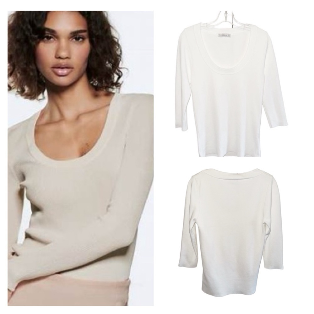 Zara Knit White Scoop Neck Sweater Sz Large